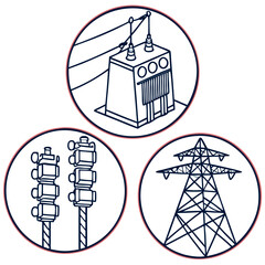 Illustrations of electrical power grid towers and transformers within circular frames, symbolizing energy and infrastructure