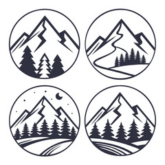 Circular mountain designs showcase the beauty of nature with towering peaks, serene forests, and winding trails under a starry sky