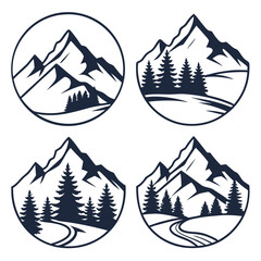 A set of circular mountain landscapes featuring peaks, pine forests, and winding roads, isolated on white background