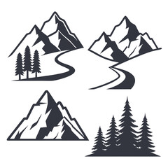 A collection of mountain and forest landscapes with winding roads and trails, perfect for outdoor adventure themes, isolated on white background