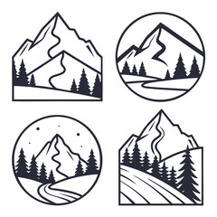 A set of mountain icons depicts scenic landscapes with towering peaks, lush forests, and winding paths, perfect for outdoor enthusiasts