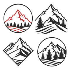 A collection of mountain illustrations features scenic landscapes with towering peaks, lush forests, and captivating natural elements