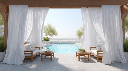 A tranquil outdoor area features a pool, white curtains, wooden seating, and natural elements for a relaxing experience.