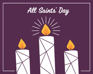 All Saints Day Illustration with Three Candles on a Purple Background and White Border