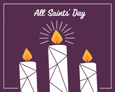 All Saints Day Illustration with Three Candles on a Purple Background and White Border - Powered by Adobe