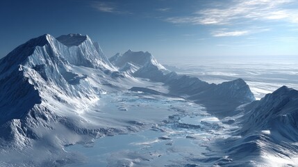 A stunning view of snow-covered mountain peaks under a clear blue sky, showcasing the beauty of nature's icy landscape.