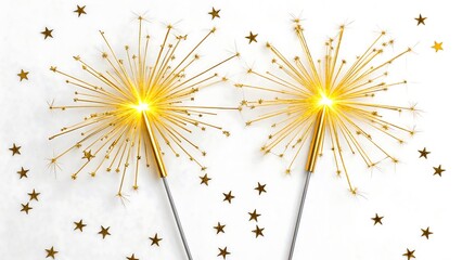  Golden sparklers with glowing light and stars on white background