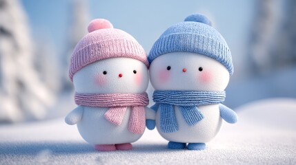 Two adorable snowmen dressed in hats and scarves stand in a snowy environment, exuding a warm and festive winter vibe.