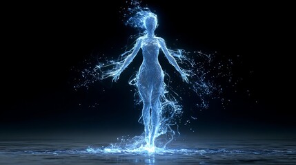 An abstract digital female figure with glowing water - like effects, showcasing modern and futuristic digital art.