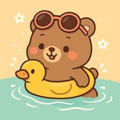 Bear swimming with duck float &ndash; Kawaii Summer Cartoon Vector