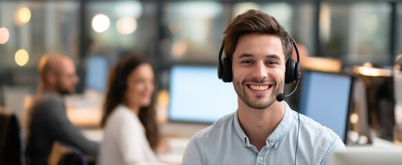 The cheerful call center agent in a modern office environment.
