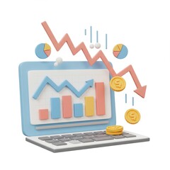 Colorful 3D Illustration of Finance Graph with Laptop and Coins