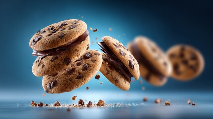 Showcasing delicious chocolate chip cookies with pieces flying, highlighting their appetizing and tasty appearance.