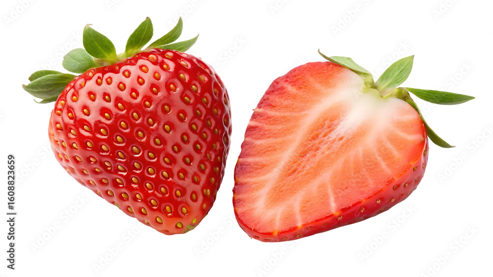 Poster strawberry on transparent background png format strawberry with a half isolated png two sliced straw