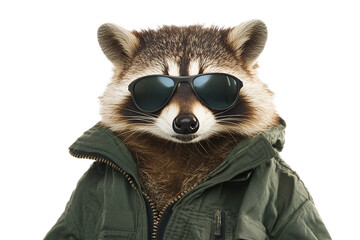 Stylish raccoon portrait with sunglasses and jacket on transparent background