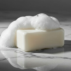 White soap bar with frothy foam on marble surface