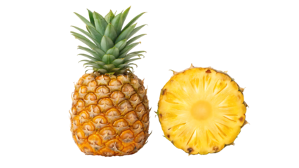 whole pineapple and pineapple slice pineapple with leaves isolate on white full depth of field