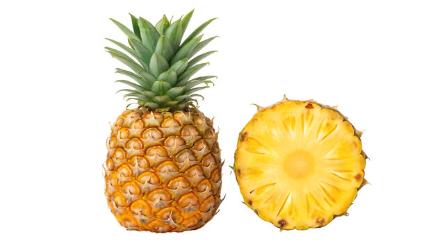whole pineapple and pineapple slice pineapple with leaves isolate on white full depth of field