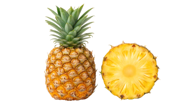 whole pineapple and pineapple slice pineapple with leaves isolate on white full depth of field