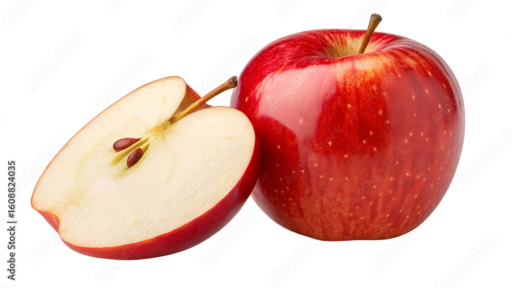 Poster apple isolated png red apple and a half with leaf on transparent background png format red apples wi