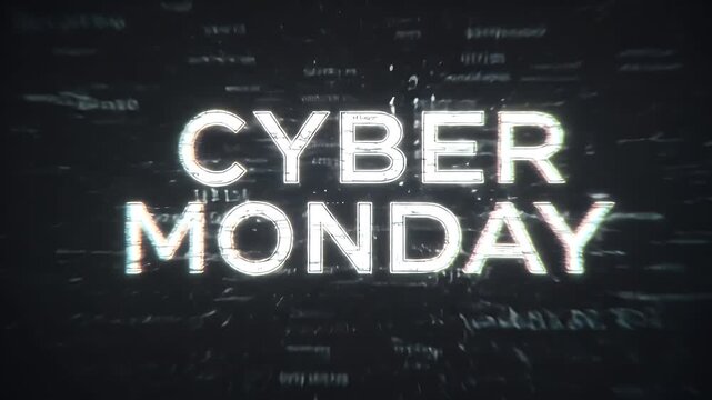 distorted title CYBERMONDAY with pixel glitches and floating code on a dark screen