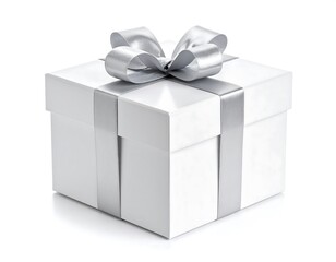Elegant white gift box tied with a shiny silver ribbon and bow, studio shot