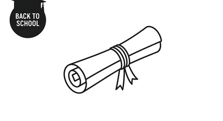 A simple line drawing of a diploma scroll tied with a ribbon next to a back to school icon ai generated