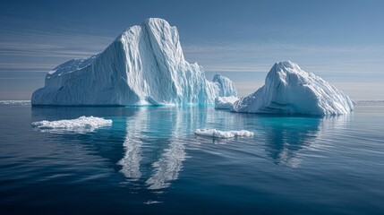 A stunning view of large icebergs floating in the clear blue ocean, showcasing the beauty of polar landscapes.
