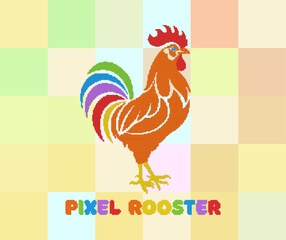 Vector cartoon pixels mosaic bright colorful rooster, logo or emblem. Digital label. Pixel art. Design 8 bit farm bird. Cockerel.