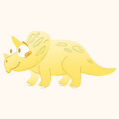 Cartoon yellow triceratops with a friendly facial expression. The dinosaur has two prominent horns and a rounded body set against a light colored background. Vector illustration