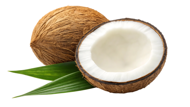 coconut isolated coconut slice and piece with leaves on white background broken white coco flying composition full depth of field