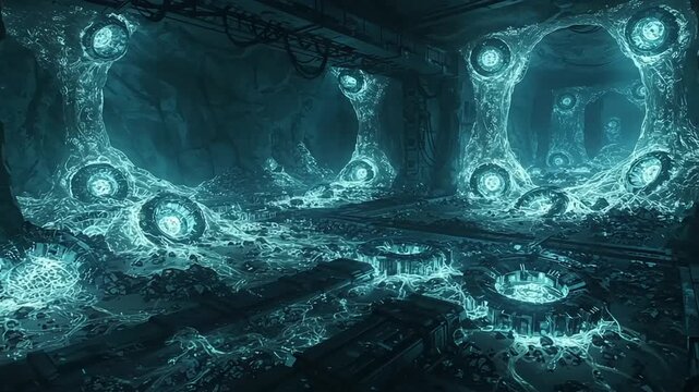 Futuristic underground cavern with glowing portals and water