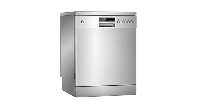 A front view of a stainless steel dishwasher against a plain white background in a studio shot ai generated