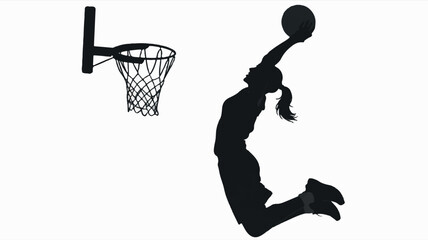 Dynamic black and white silhouette of a female basketball player executing a powerful dunk