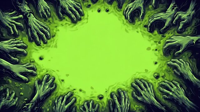 top view of green slime-covered table with zombie hands reaching inward, clear circular space for Halloween