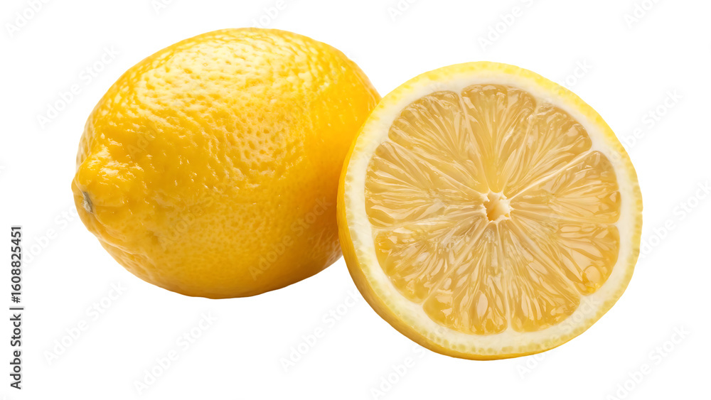 Poster lemon fruit with half isolated png whole lemon and a half on transparent background png format lemon