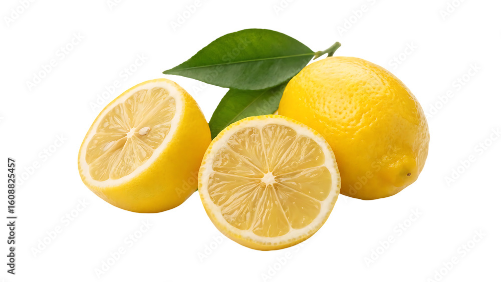 Poster lemon fruit with half isolated png whole lemon and a half on transparent background png format lemon