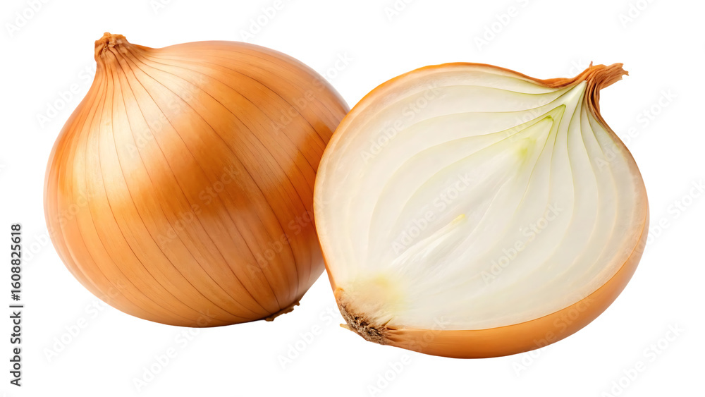 Poster onion bulbs isolated whole golden onion bulb and a half on white background onion set full depth of 