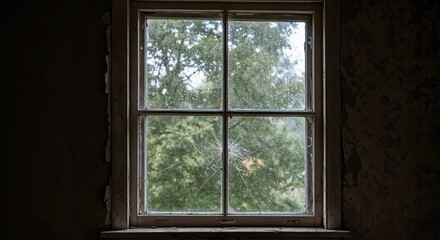 Cracked window with rain in abandoned wooden house during storm with peeling wallpaper and gray light