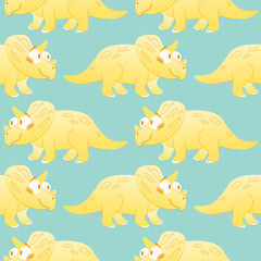 Seamless Playful Playful template featuring cartoon yellow triceratops dinosaurs on a light blue background. Dinosaurs have big eyes and friendly expression. Vector illustration