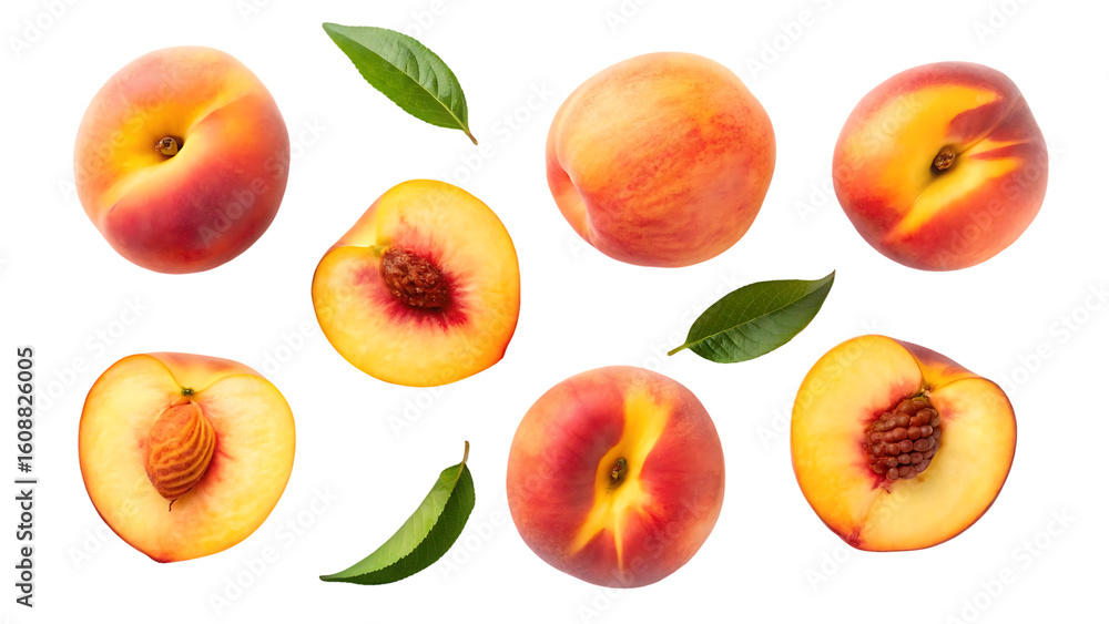 Poster peach isolated png peach with a slice on transparent background png format peaches with leaf no back