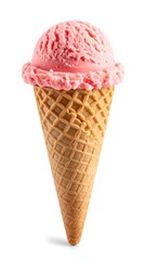 Single scoop of pink ice cream in a waffle cone, isolated on white