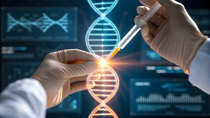 Scientists conduct genetic research with dna helix visualization
