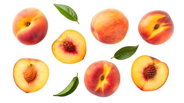 peach isolated png peach with a slice on transparent background png format peaches with leaf no background full depth of field - Powered by Adobe