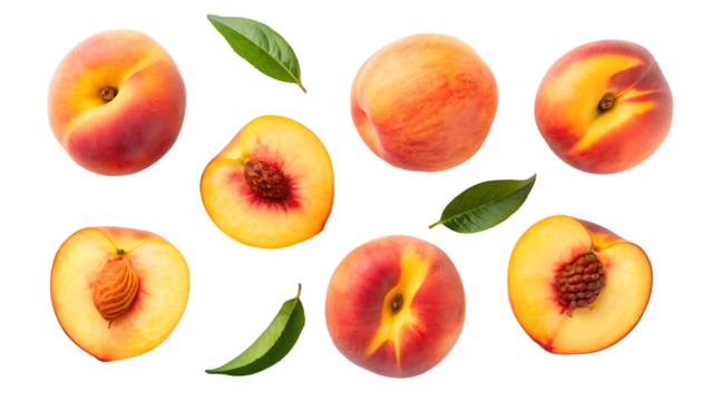peach isolated png peach with a slice on transparent background png format peaches with leaf no background full depth of field