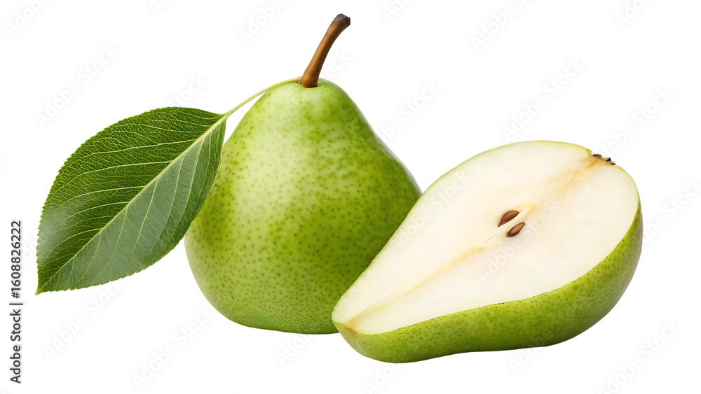 Poster pear with leaf isolated png green pear with a half on transparent background png format pear with sl