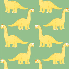 A repeating pattern of cartoon yellow dinosaurs on a green background. The dinosaurs have long necks and tails, with friendly expressions. Vector illustration