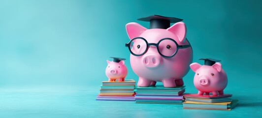 The cheerful piggy banks celebrate financial education and learning success.
