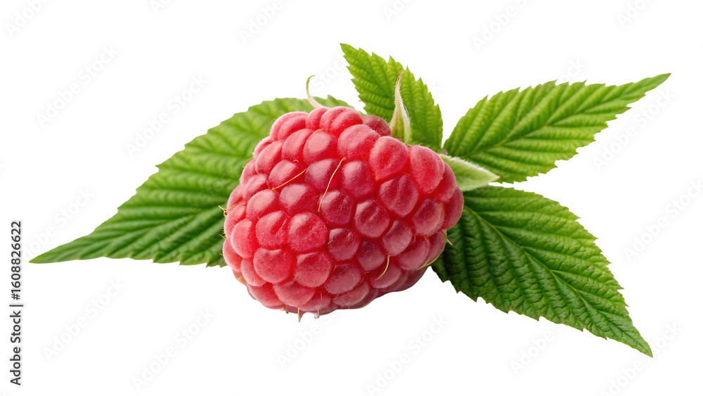 Poster raspberry isolated raspberries with green leaf isolate raspberry with leaves on white background ful