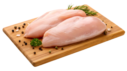 raw chicken fillets on wooden board isolated on white